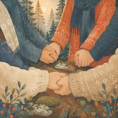Prayer Group Hands in Evergreen Forest