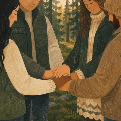 Prayer Group Hands in Evergreen Forest