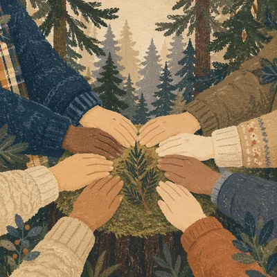 Prayer Circle Hands in Evergreen Forest