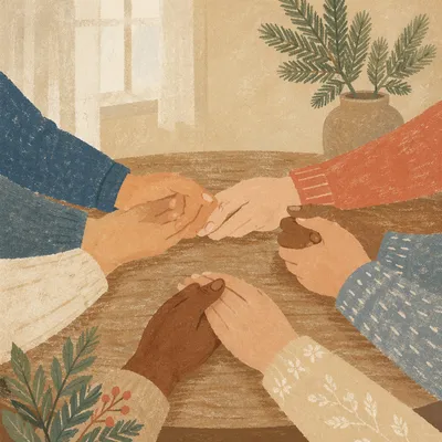 Prayer Group Hands with Evergreen Table Setting