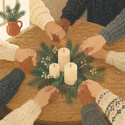 Prayer Group Hands Around Evergreen Table