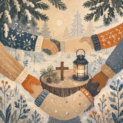 Winter Prayer Circle Beneath Evergreen Branches