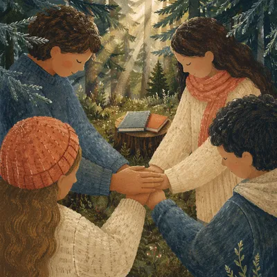 Prayer Group Hands Joined in Evergreen Forest