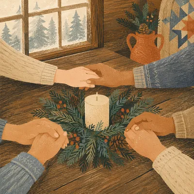 Evergreen Prayer Circle Around Candle