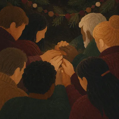 Evergreen Prayer Group Hands in Warm Sanctuary
