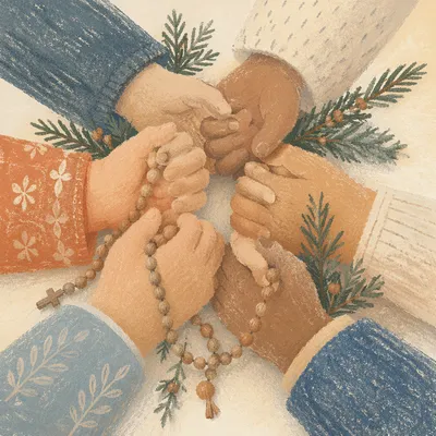 Evergreen Prayer Circle with Clasped Hands