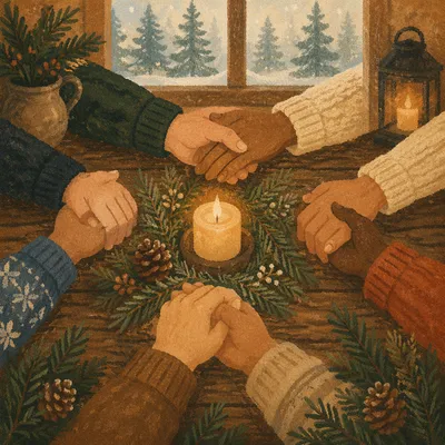 Evergreen Prayer Circle Around Candlelit Table