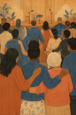 Prayer Group Holding Hands in Community Hall