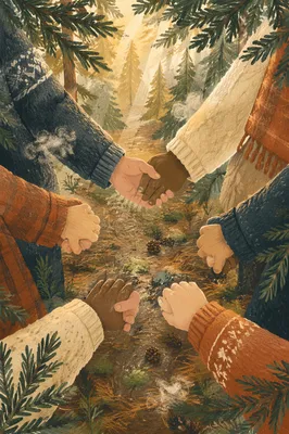 Prayer Circle Hands Beneath Evergreen Trees