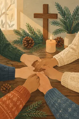 Evergreen Prayer Circle Around Wooden Cross