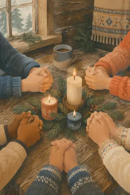 Evergreen Prayer Circle Around Rustic Table