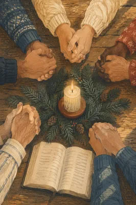 Prayer Hands Around Evergreen Candle Table
