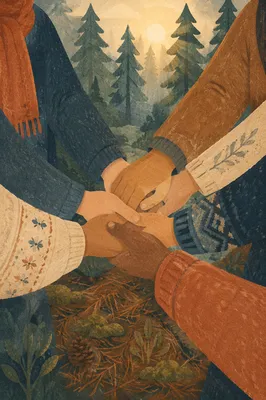 Prayer Circle Hands in Evergreen Forest