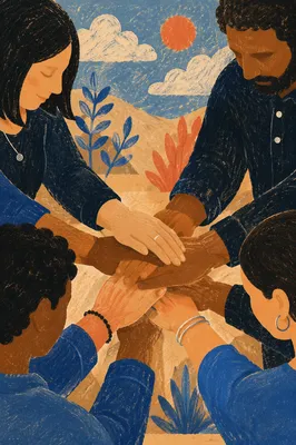 Prayer Group Hands Joined in Sunlight
