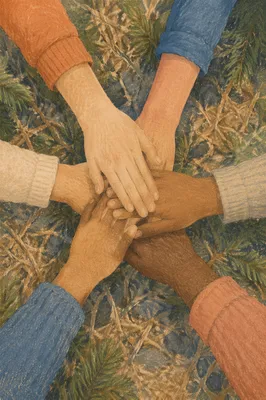 Prayer Circle Hands in Evergreen Meadow