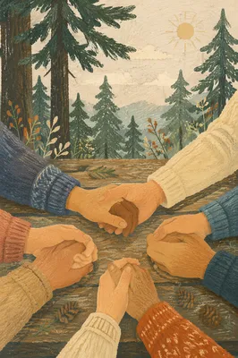 Evergreen Prayer Circle Hands in Morning Light