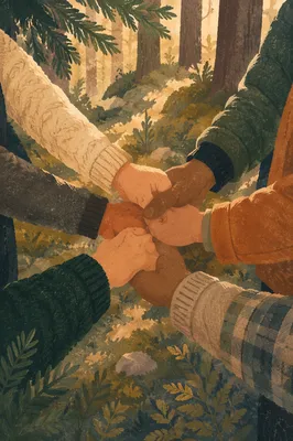Prayer Group Hands in Evergreen Forest