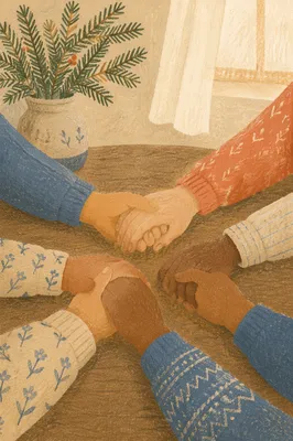 Prayer Group Hands on Evergreen Table