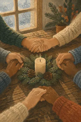 Prayer Hands Around Evergreen Wreath