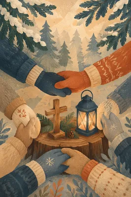 Prayer Group Hands Around Winter Cross