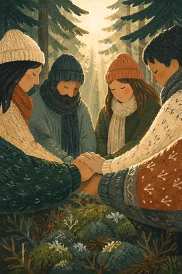 Prayer Group Hands Joined in Evergreen Forest