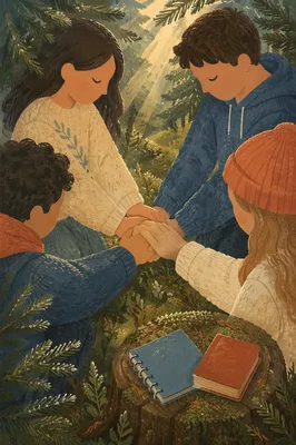 Prayer Circle Hands in Evergreen Forest