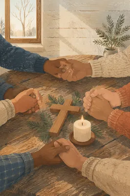 Prayer Group Hands Around Wooden Cross