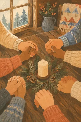 Prayer Group Hands Around Evergreen Candle