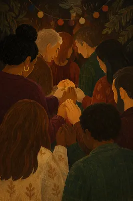 Evergreen Prayer Group Hands in Warm Sanctuary Light