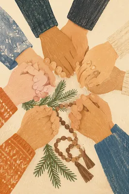 Prayer Group Hands with Evergreen Sprigs