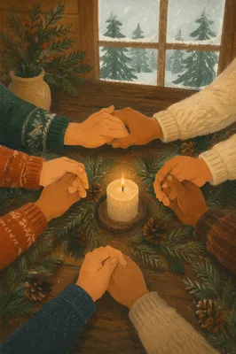 Evergreen Prayer Circle Around Candlelit Table