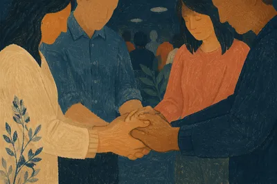 Evergreen Prayer Hands in Reverent Fellowship