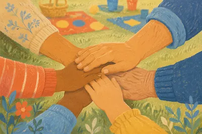 Intergenerational Prayer Hands in Sunlit Fellowship