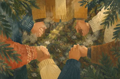 Prayer Circle Hands Under Evergreen Trees