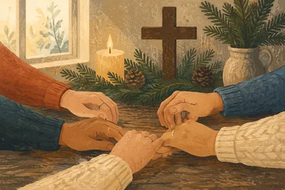 Evergreen Prayer Circle Around Wooden Cross
