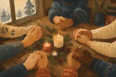 Prayer Hands Around Evergreen Candle Table