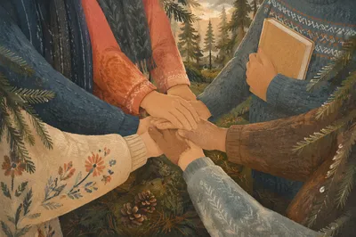 Prayer Circle in Rain-Kissed Evergreen Grove