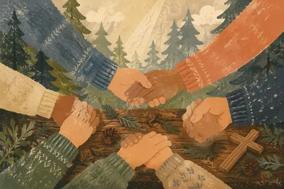 Prayer Group Hands in Evergreen Forest