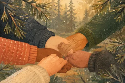 Prayer Group Hands in Evergreen Morning Mist