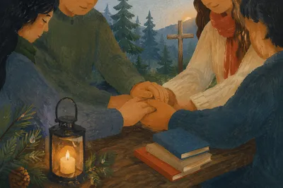 Prayer Group Hands in Evergreen Dawn