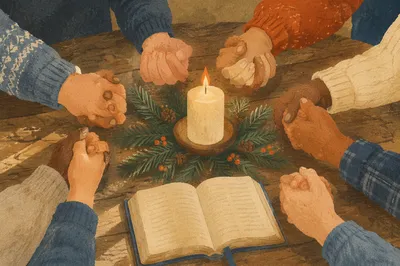 Prayer Group Hands Around Evergreen Table