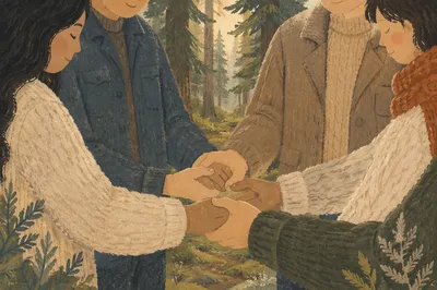 Prayer Group Hands in Evergreen Forest