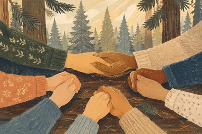 Prayer Group Hands Beneath Evergreen Trees
