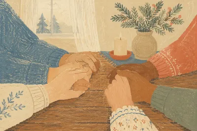 Prayer Group Hands on Evergreen Table