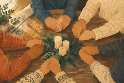 Prayer Group Hands Around Evergreen Table