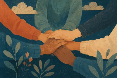 Prayer Group Hands United in Warm Light