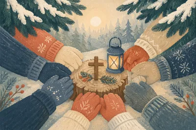 Evergreen Prayer Circle with Wooden Cross