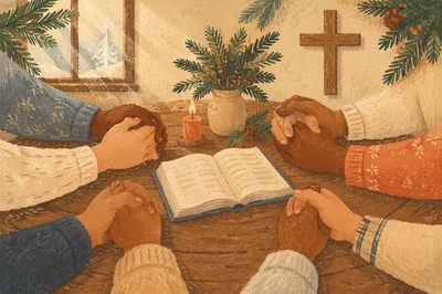 Prayer Group Hands Around Evergreen Chapel Table