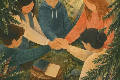 Prayer Group Hands Joined in Evergreen Forest