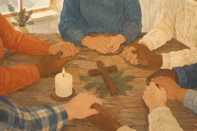 Prayer Circle Hands Around Wooden Cross